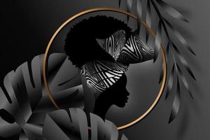 portrait femme africaine porte un bandana pour les coiffures bouclées. bannière noire exotique, cercle doré. turban d'écharpe de tête afro traditionnel dans la texture de conception de tissu de zèbre tribal. modèle d'illustration vectorielle vecteur