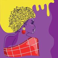 dessin au trait visage de femme dessinant sur un fond violet-jaune dans un style abstrait. logo de femmes afro-américaines, affiche moderne, art mural. ligne de contour. visage minimaliste, illustration vectorielle de beauté et de mode vecteur