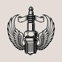 bougie d'allumage de moto avec deux ailes et création de logo vintage ruban