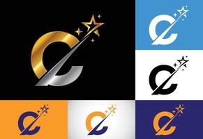alphabet de lettre de monogramme c initial avec icône logo swoosh et étoile. conception abstraite de symbole de signe de logo d'étoile. logo vectoriel moderne pour l'identité de l'entreprise et de l'entreprise.