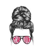les femmes désordonnées coiffures chignon portant des filles règlent des lunettes de soleil typographiques vecteur ligne art illustration