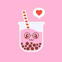 adorable thé au lait boba bubble avec du tapioca. Le thé au lait perlé, les perles noires délicieuses sont célèbres à Taiwan. boisson populaire. croquis d'illustration vectorielle. dessin animé de personnage. autocollant mignon. emoji de dessin animé kawaii. vecteur