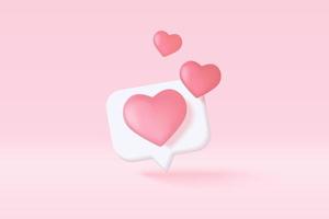 concept de plate-forme en ligne de médias sociaux 3d, communication sociale en ligne sur les applications, cadre photo avec icône emoji coeur et amour, aimez et jouez dans des icônes 3d à bulles rouges. concept de rendu vectoriel 3d