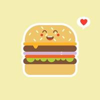 heureux souriant burger mignon drôle. conception d'icône d'illustration de personnage de dessin animé plat de vecteur. isolé sur fond de couleur. burger, café de restauration rapide, mal bouffe, restaurant, resto vecteur