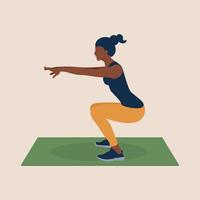 jeune femme afro-américaine en vêtements de sport faisant des squats sur tapis. fitness, aérobic, entraînement et exercice en salle de sport ou à la maison. concept de mode de vie sain. tenue de sport vecteur