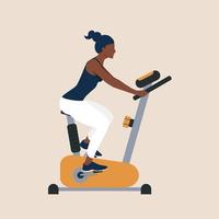 jeune femme afro-américaine sur vélo d'exercice. personnage féminin noir pratiquant dans la salle de gym ou à la maison. entraînement stationnaire de vélo d'exercice. concept de mode de vie sain vecteur