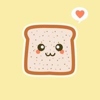 personnage de pain tranché mignon dessin animé drôle de vecteur isolé sur fond de couleur. mascotte d'étiquette de boulangerie. icône d'illustration de personnage de dessin animé plat vectoriel. toast, carte de bonjour, concept de petit-déjeuner