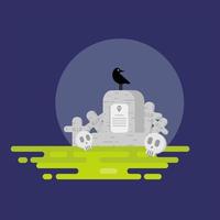 Halloween. appartement. Halloween. illustration vectorielle sur fond blanc. style design plat. icône d'une pierre tombale avec un crâne. sur la pierre tombale est assis un corbeau noir. cimetière de détail. vecteur