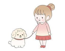 une jolie fille qui promène son chien. illustration naïve de vecteur isolée sur fond blanc.