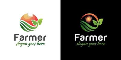 agriculture agriculteur jardin nature avec logo soleil et deux versions vecteur