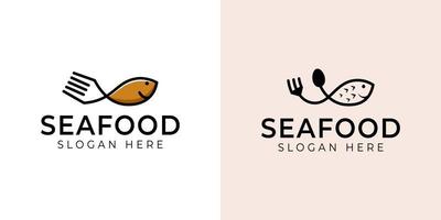 logos d'art en ligne simples de nourriture pour poisson avec icône fourchette et cuillère pour restaurant d'affaires de fruits de mer vecteur