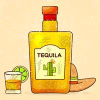 Fond mexicain avec une bouteille élégante de tequila. Nom Tequila Fantaisie Ajouté. Modèle de carte de voeux, invitation ou affiche. Vecteur