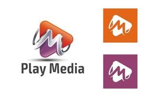 icône de média de lecture dégradée avec le symbole de la lettre m pour le multimédia, la musique, le modèle de logo de podcast audio vecteur
