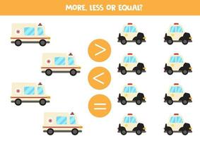 plus, moins, égal avec de jolies voitures de police et des ambulances. comparaison mathématique. vecteur