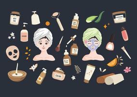 collection de soins de la peau, crème, sérum, produits avec jeune femme illustrée vecteur