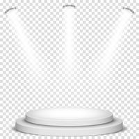 Podium du vainqueur rond blanc sur fond gris. Stage avec des lumières de studio pour la cérémonie de remise des prix. les projecteurs s&#39;illuminent. Illustration vectorielle