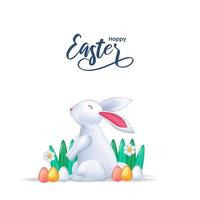 joyeux jour de pâques lettrage avec lapin mignon 3d avec illustration de concept de printemps oeuf et herbe