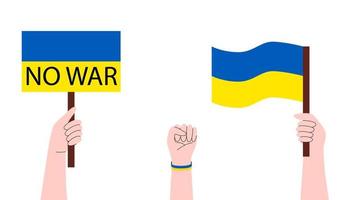 personnes détenant des banderoles, drapeau ukrainien. pas de guerre. manifestation anti-guerre. restez avec le concept de l'ukraine. Support. illustration vectorielle isolée sur fond blanc vecteur