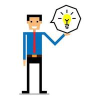 un homme maigre parle de son idée avec un visage souriant et une ampoule à côté de lui, style pixel vecteur