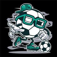 conception de dessin animé de vecteur d'un joueur de football portant des lunettes et aussi un chapeau avec une forme de corps de balle portant le ballon