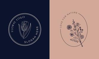 logo dessiné à la main d'élément floral botanique avec fleur et feuilles sauvages. logo pour spa et salon de beauté, boutique, magasin bio, mariage, designer floral, intérieur, photographie, cosmétique. vecteur