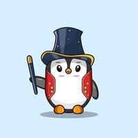 jolie illustration de pingouin portant un chapeau de magicien et une attraction vecteur
