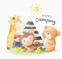 slogan de camping avec illustration d'amis de dessin animé d'animaux mignons vecteur