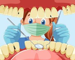 dentiste tenant des instruments examinant les dents du patient à l'intérieur de la bouche humaine vecteur