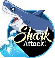 un logo marin avec un grand requin bleu et un texte d'attaque de requin vecteur