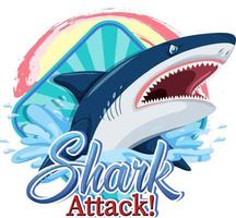 un logo marin avec un grand requin bleu et un texte d'attaque de requin