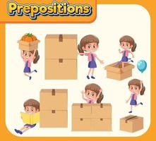 wordcard de préposition avec fille et boîte vecteur