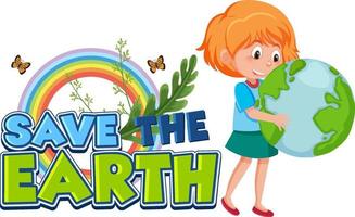 sauvez la bannière de la terre avec deux filles tenant un globe terrestre vecteur