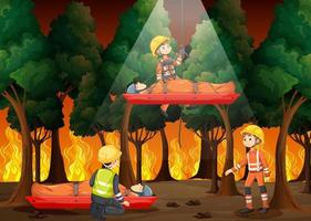 scène de feu de forêt avec sauvetage de pompier en style cartoon vecteur