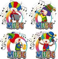 Set happy clown jouant des instruments de musique avec des notes de musique sur fond blanc vecteur