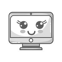 kawaii en niveaux de gris mignon moniteur d&#39;écran heureux vecteur