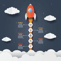 modèle d'infographie de fusée à travers les nuages. icônes et texte. concept d'entreprise de démarrage réussi. utilisé pour la conception Web et la mise en page du flux de travail. illustration vectorielle. vecteur