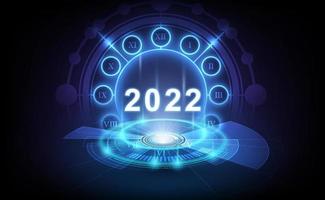 bonne année 2022 célébration avec horloge abstraite de lumière blanche sur fond de technologie futuriste, concept de compte à rebours, illustration vectorielle