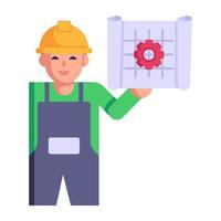 ingénieur tenant la conception technique, icône plate avec des graphismes élevés vecteur