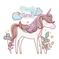 Licorne mignonne avec des fleurs et des feuilles des plantes vecteur