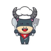 personnage de dessin animé de mascotte de chef de buffle mignon tenant une cuillère et une fourchette