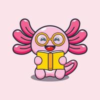 illustration de mascotte de dessin animé mignon axolotl lisant un livre vecteur