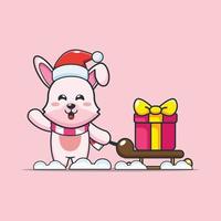 lapin mignon portant une boîte-cadeau de noël. illustration de dessin animé mignon.. vecteur