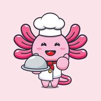 personnage de dessin animé mignon axolotl chef mascotte avec plat vecteur