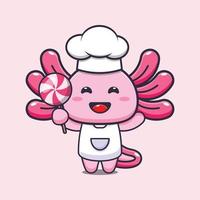 personnage de dessin animé mignon axolotl chef mascotte tenant des bonbons vecteur