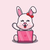 illustration de mascotte de dessin animé mignon lapin avec ordinateur portable vecteur