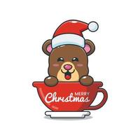 ours mignon portant un bonnet de noel dans une tasse. illustration de dessin animé de noël mignon. vecteur