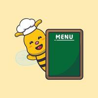 personnage de dessin animé de mascotte de chef d'abeille mignon avec tableau de menu vecteur