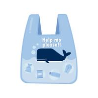 Une baleine dans un sac en plastique dit non au plastique. Notion de problème de pollution. vecteur