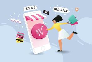 les femmes satisfaites des achats sur mobile paient par carte de crédit. achats en ligne dans une boutique en ligne sur un site Web ou une application mobile. le concept de vecteur aime faire du shopping. conception pour bannière de vente, marketing numérique.