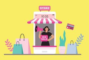 les femmes satisfaites des achats sur mobile paient par carte de crédit. achats en ligne dans une boutique en ligne sur un site Web ou une application mobile. le concept de vecteur aime faire du shopping. conception pour bannière de vente, marketing numérique.